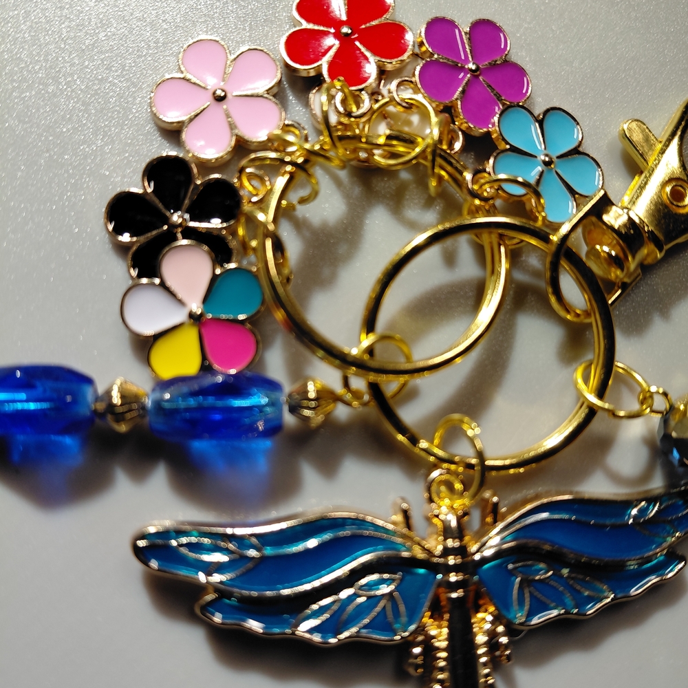 Flying Among The Flowers Colorful Dragonfly Keychain with Floral Charms - Picture 3 of 4